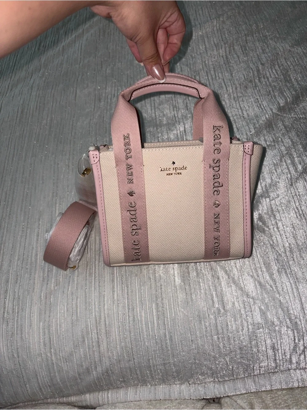 kate spade Pink and Cream Canvas Tote with Signature Webbed Straps